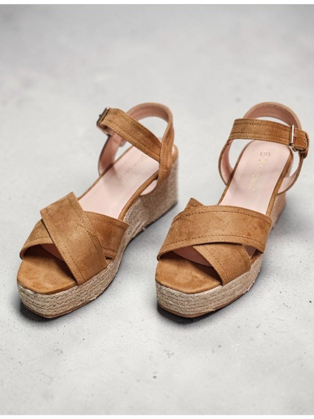 Camel Suede Espadrille Wedge Sandals With Ankle Strap & Buckle Closure For Women